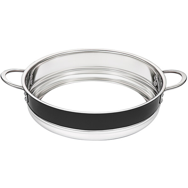 A silver stainless steel Bon Chef bottomless pot with black handles and accents.