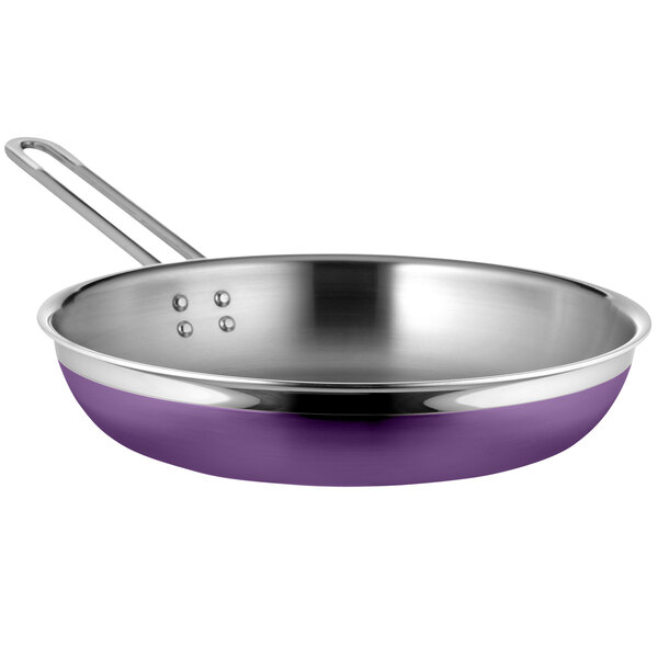 A purple Bon Chef saute pan with long handle.