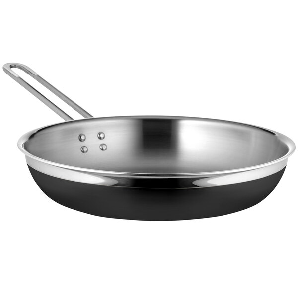 A Bon Chef black and stainless steel long handle saute pan.