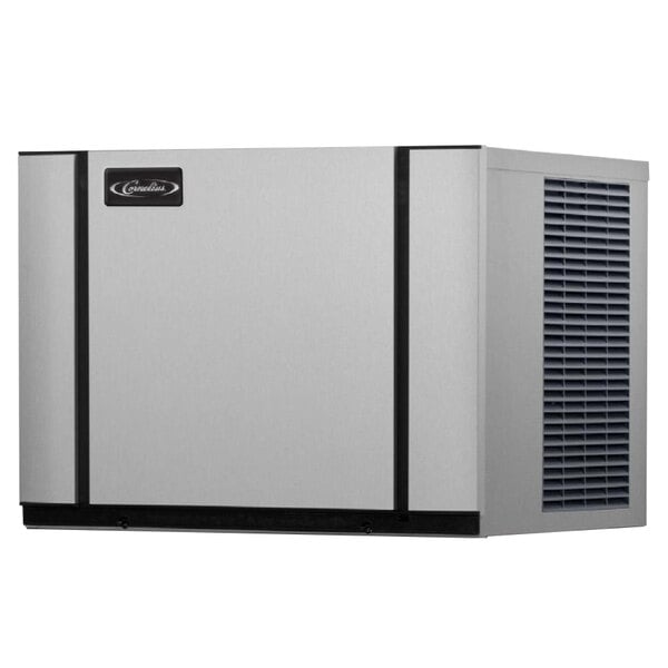 A stainless steel air cooled ice machine with a black border and black handle.