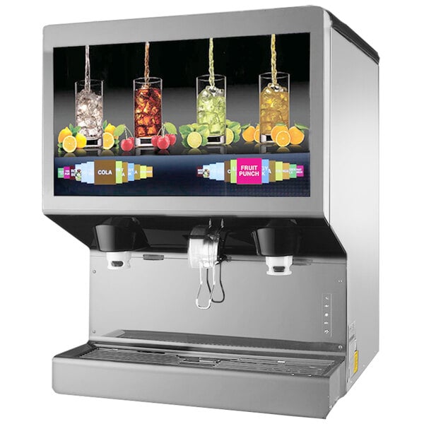 A white Cornelius Pro Ice Drink dispenser with a digital touch screen showing different colored drinks.