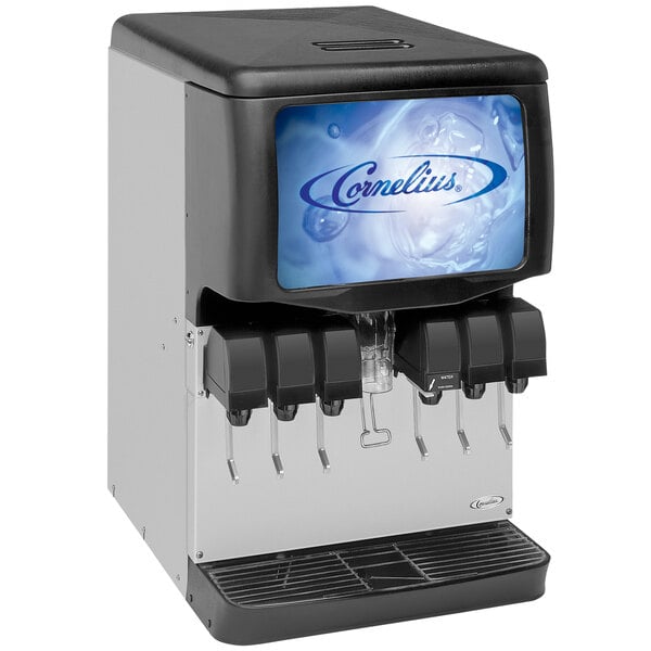 A Cornelius Countertop Ice / Beverage Dispenser with a blue screen.