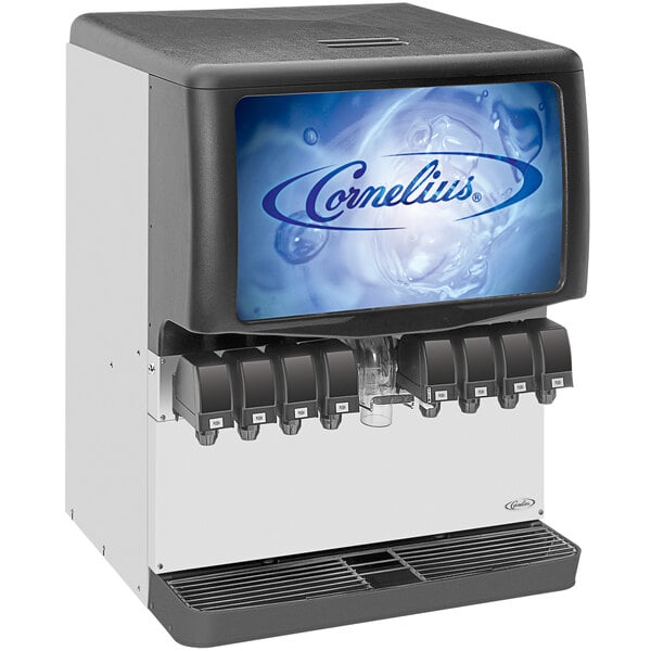 A Cornelius countertop beverage dispenser with push button valves and a screen on it.