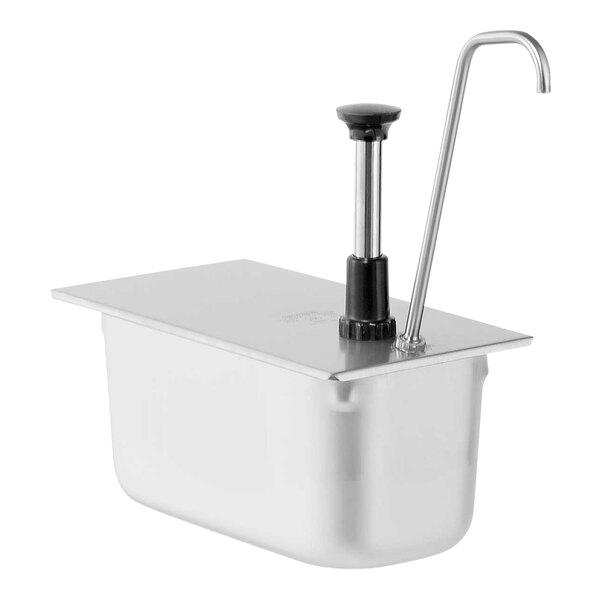 A stainless steel rectangular pump with a metal lid and spout.