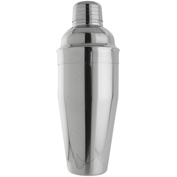 A Franmara stainless steel cobbler cocktail shaker with a metal lid.