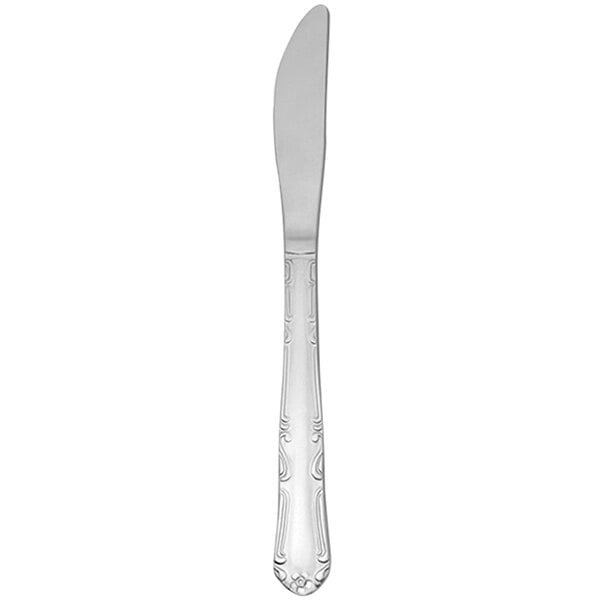 A Delco Melinda III stainless steel dinner knife with a silver handle.