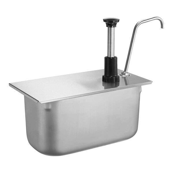 A stainless steel server pump with a black lid and pipe over a metal container.