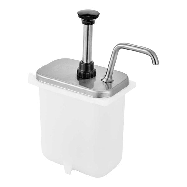 A white plastic container with a metal lid and a stainless steel pump handle.