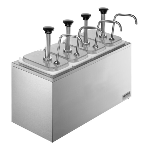 Server Stainless Steel Countertop Pump Dispenser with 4 Fountain Jars and 4 Stainless Steel Pumps