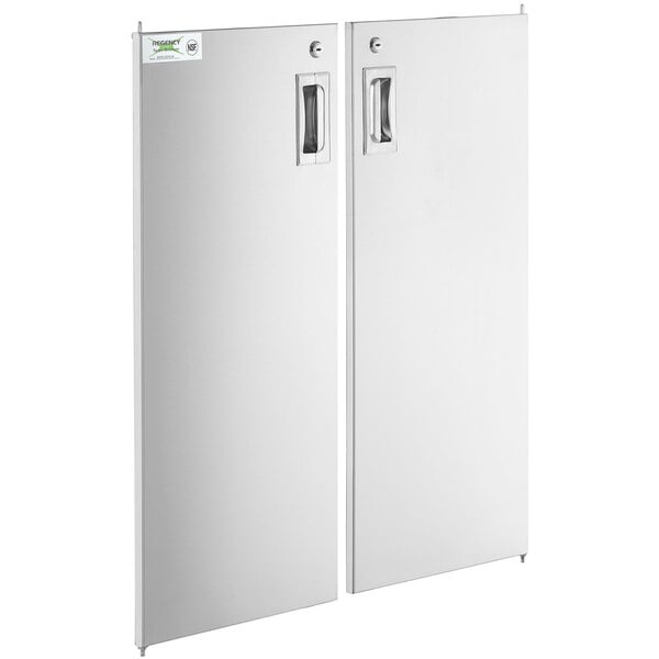 Two white rectangular doors with silver handles.