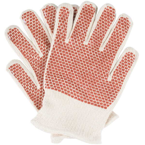 A pair of San Jamar red and white knit gloves with dots.