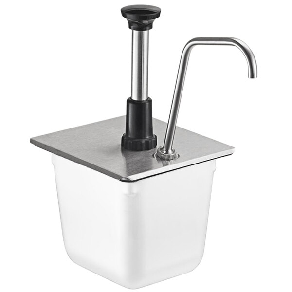 A stainless steel Server pump lid on a white container.