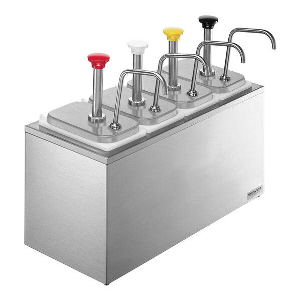 A Server stainless steel countertop pump dispenser with four stainless steel pumps over metal containers.