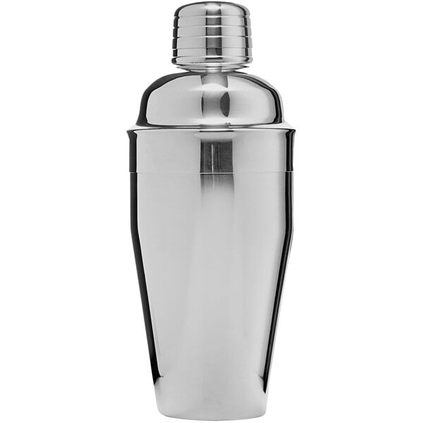 A Franmara stainless steel cobbler cocktail shaker with a metal lid.