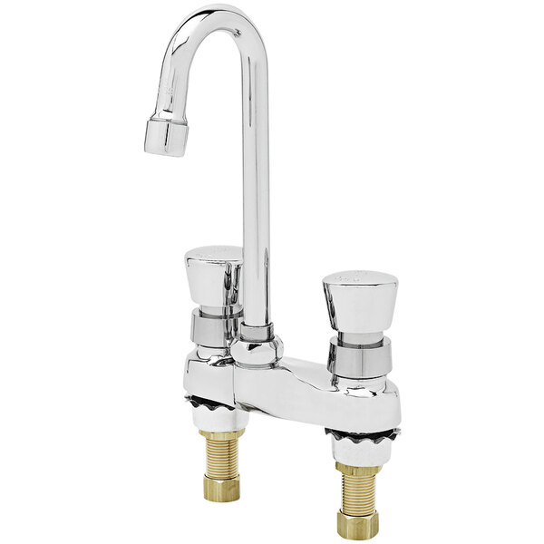 A chrome T&S metering faucet with two handles and a rigid gooseneck nozzle.