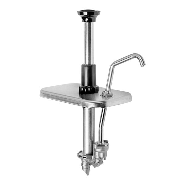A Server stainless steel angled pump with a black lid.