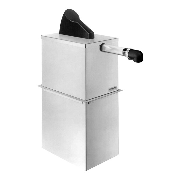 A stainless steel rectangular pump dispenser with a black pipe.