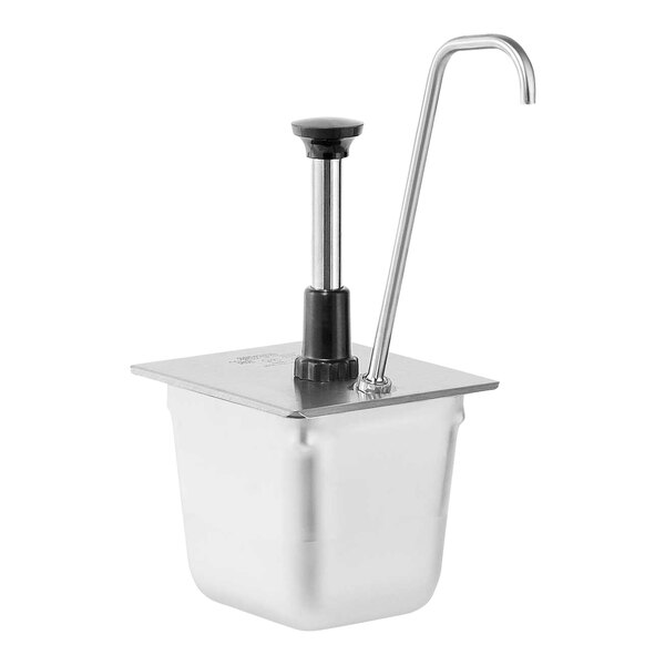 A stainless steel Server pump lid with a black handle.