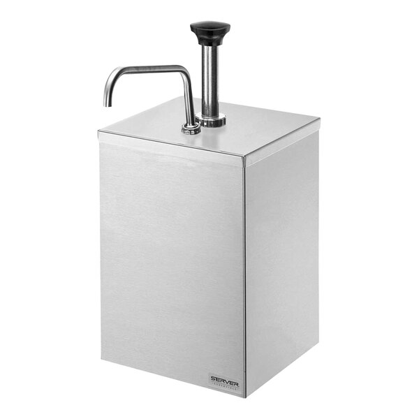 A white rectangular Server condiment dispenser with a stainless steel pump.