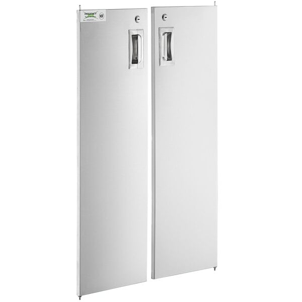 Two white rectangular stainless steel doors with silver handles.