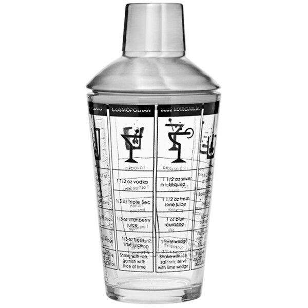 A clear Franmara cocktail shaker with black printed recipes.