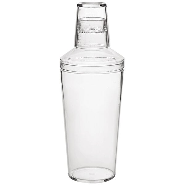 A clear plastic cocktail shaker with a lid.