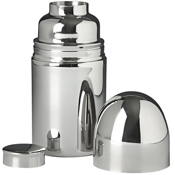 A silver stainless steel Franmara bullet cocktail shaker with a stainless steel lid.