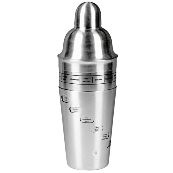 A silver Franmara cocktail shaker with a round cap.