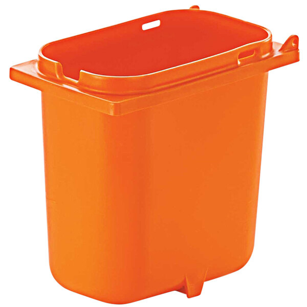 An orange plastic bin with a lid.