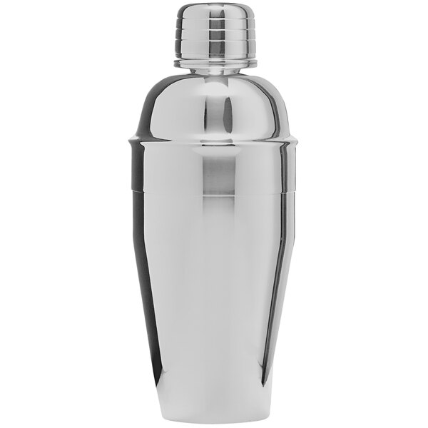 A Franmara silver cobbler cocktail shaker with a metal lid.