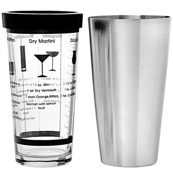 A Franmara Boston cocktail shaker next to a printed recipe glass.