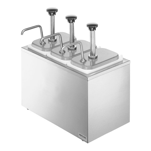 A Server stainless steel countertop pump dispenser with 3 stainless steel pumps over metal containers.