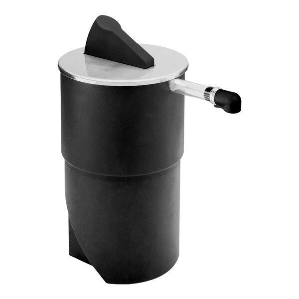 A black and silver round countertop pump dispenser with a pipe.