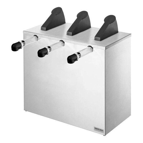 A silver stainless steel Server Express System countertop pump dispenser with three black handles.