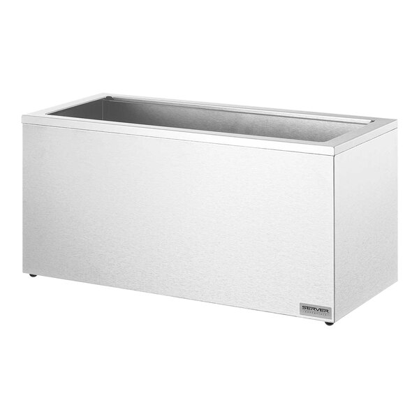 A stainless steel Server countertop condiment bar base with 4 compartments on a counter.