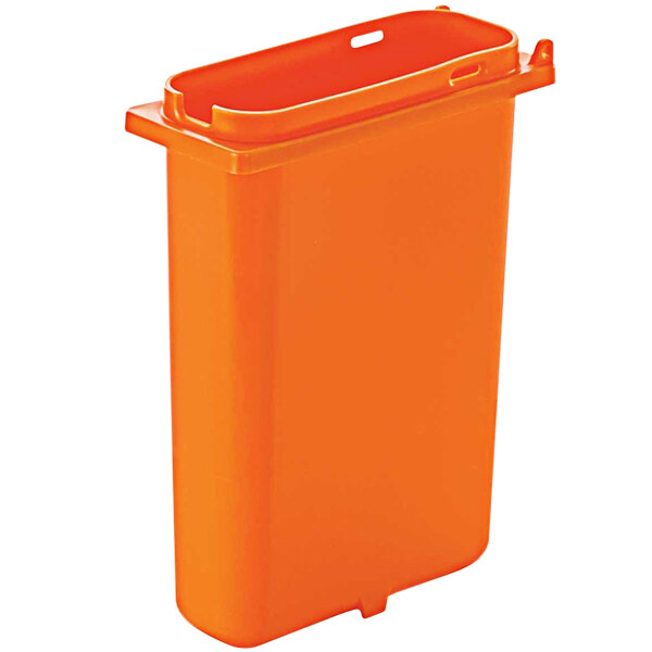 An orange plastic container with a lid.