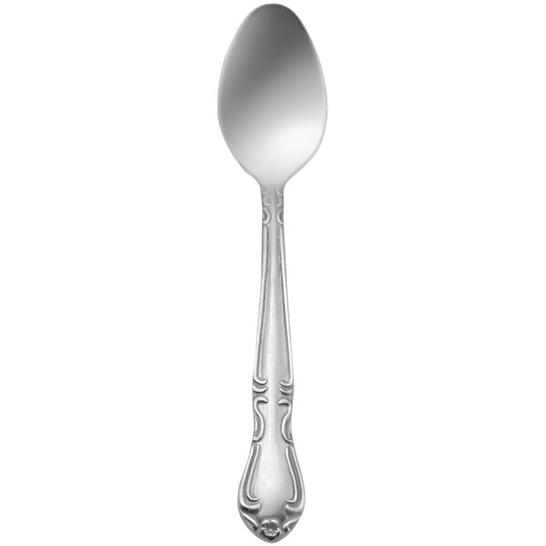 A Delco Melinda III stainless steel demitasse spoon with a handle.