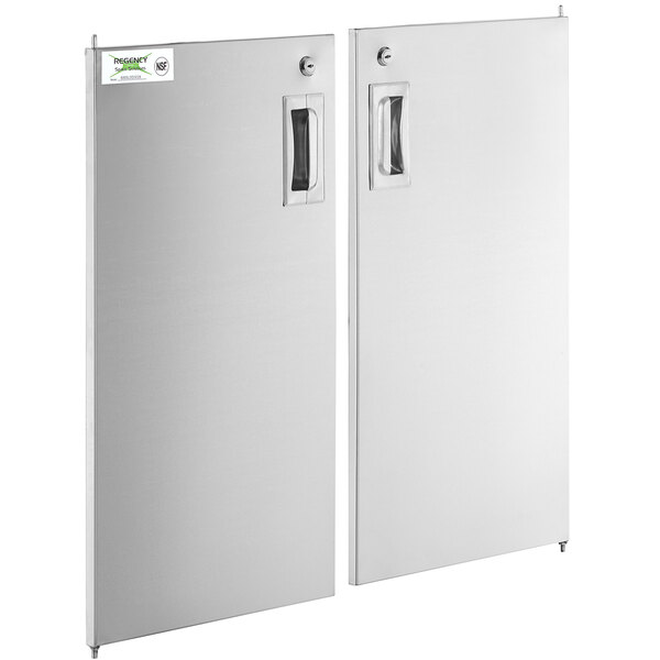 A white rectangular object with two stainless steel doors with green handles.