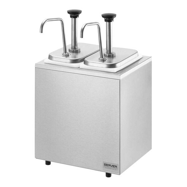 A silver stainless steel countertop pump dispenser with two metal containers and two stainless steel pumps.