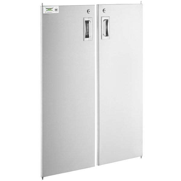 A white rectangular cabinet with two open doors.