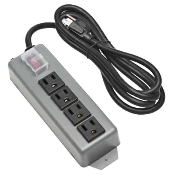 A close-up of a Metro power strip with multiple outlets and a cord.