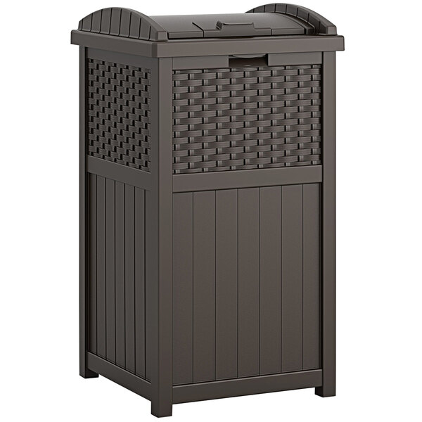 A brown Suncast outdoor waste container with a wicker pattern and lid.