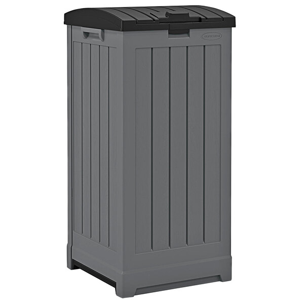 A grey Suncast outdoor waste container with a black lid.