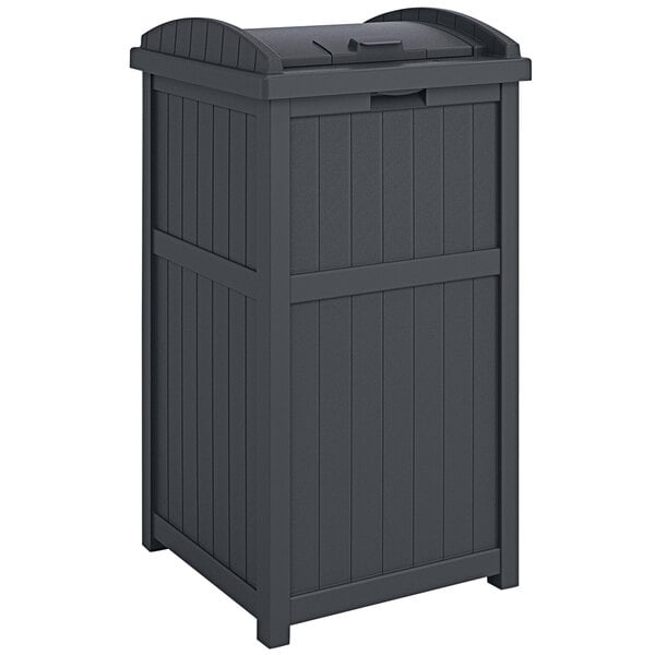 A Suncast dark gray rectangular trash container with a lid.