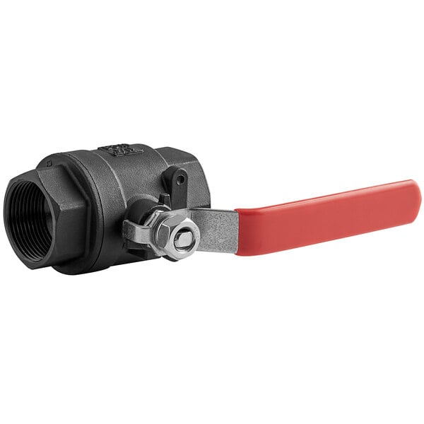 A Main Street Equipment black ball drain valve with a red handle.