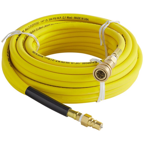 A yellow hose with a black handle.