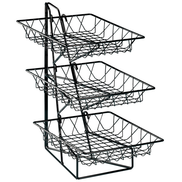 A Cal-Mil wire rack merchandiser with three square wire baskets on it.
