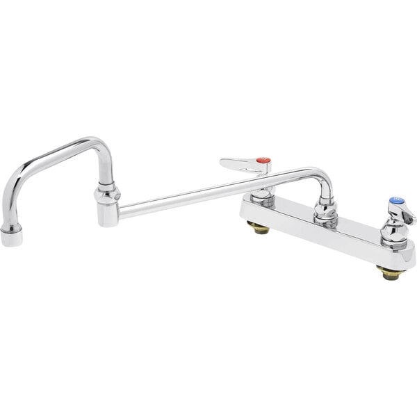 A silver T&S deck-mounted workboard faucet with double jointed swing nozzle.