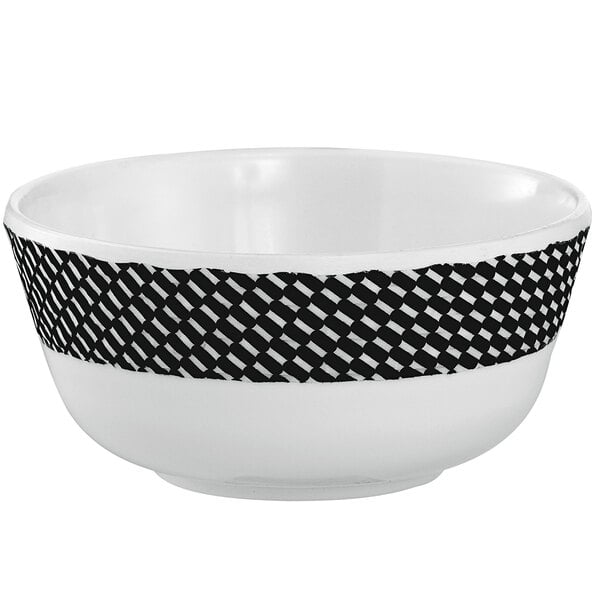 A white melamine bowl with a black checkered rim.
