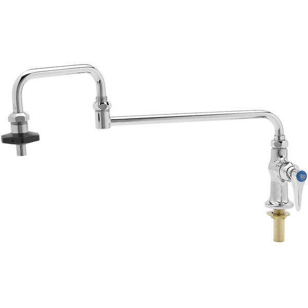 A T&S chrome deck mounted pot filler faucet with a handle and a hose.